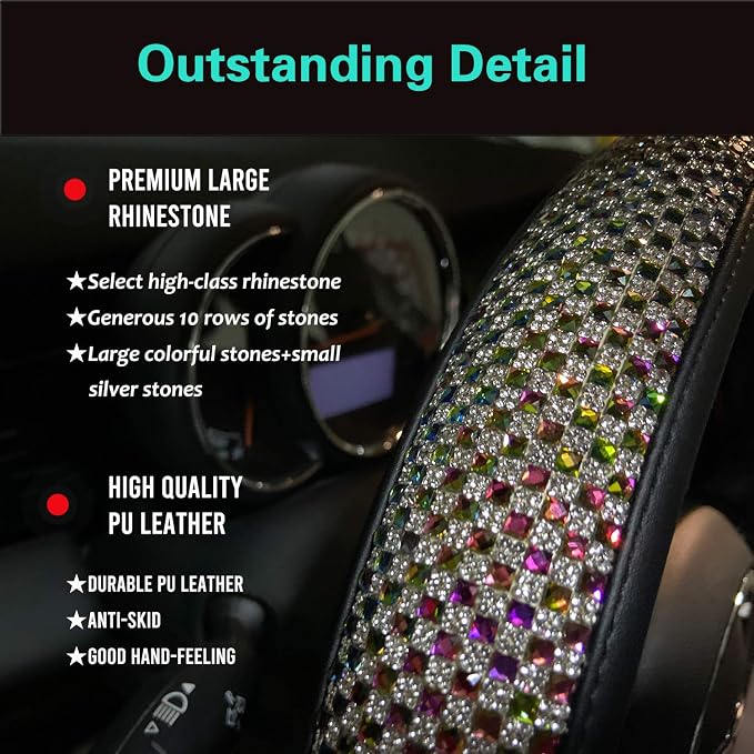 PINCTROT Large Size Bling Comfy Steering Wheel Cover with Jumbo Crystal Rhinestones, Anti-Slip Diamond Leather, 15.5-15.75 Inch (Colorful)