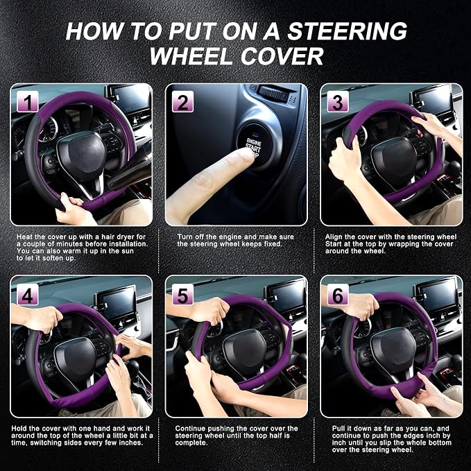SEG Direct D Shaped Steering Wheel Cover for 14.5-15 inch Flat Bottom Wheels, Breathable Perforated Microfiber Leather, Anti-Slip Grip, Universal Fit for Cars & SUVs, Black and Dawn Purple