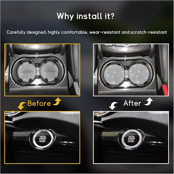 Ziciner 2 Pack Bling Car Cup Holder Coaster, Anti-Slip Auto Insert Coaster with Start Stop Button Cover, Universal Shiny Crystal Vehicle Interior Accessories for Women and Girls (White)