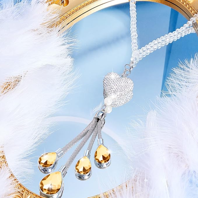 Frienda Bling Car Rear View Mirror Accessories for Women Gift Cute Heart Crystal Hanging Charm Diamond Decoration Lucky Interior Ornament Pendant(9.8 Inch,Champaign Gold)
