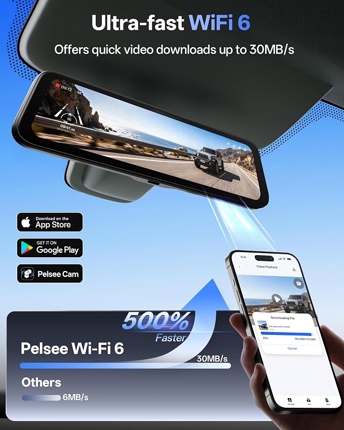 Pelsee S12 Native 4K + 2.5K Mirror Dash Cam, Rear View Mirror Camera w/ 8MP Starlit Color Night Vision, WiFi 6 30MB/s Download, GPS, 64GB Card Included, Backup Camera for SUVs Trucks Vans RVS