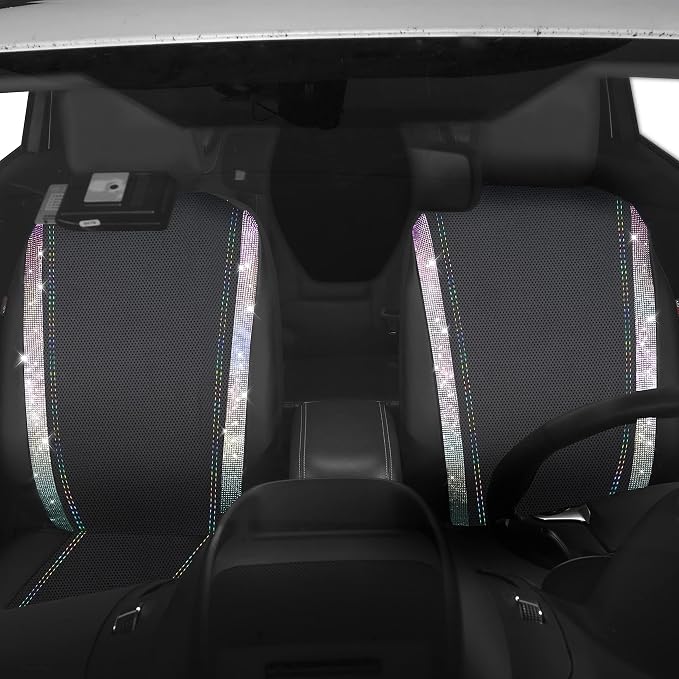 CAR PASS Leather Bling Diamond Car Seat Covers 2 Front Interior Sets, Waterproof Universal Shining Glitter Crystal Sparkle Fit for 95% Auto Truck SUV Cute Women Girl, Black Multicolor Rhinestone