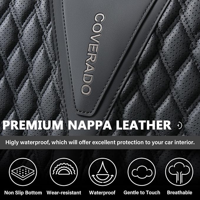 Coverado Front Seat Covers, Waterproof Seat Covers, 2 Pack Nappa Leather Car Seat Covers, Black Seat Covers for Cars, Automotive Seat Covers Universal Car Seat Protector Fit for Most Cars Trucks