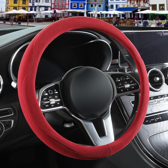 Red Suede Steering Wheel Cover Large 15.5 inch to 16 inch | Warm in Winter and Cool in Summer, Breathable Non-Slip Sweat-Proof Wear-Resistant for Model X Model S Ford F150 F250 F350