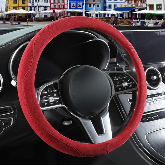 Red Suede Steering Wheel Cover Large 15.5 inch to 16 inch | Warm in Winter and Cool in Summer, Breathable Non-Slip Sweat-Proof Wear-Resistant for Model X Model S Ford F150 F250 F350