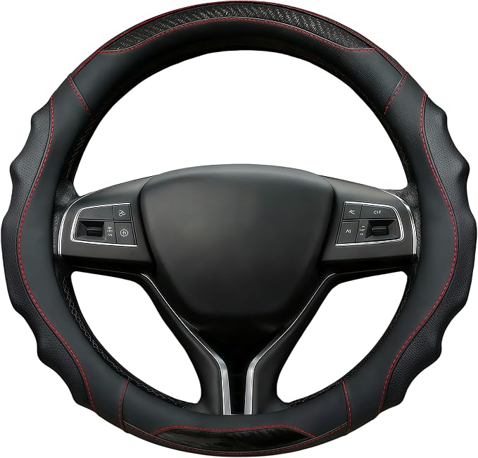 Leather Car Steering Wheel Cover, 14.5-15Inch Anti-Slip Steering Wheel Cover, Universal for Cars Truck SUV, Car Accessories (Black - red line)