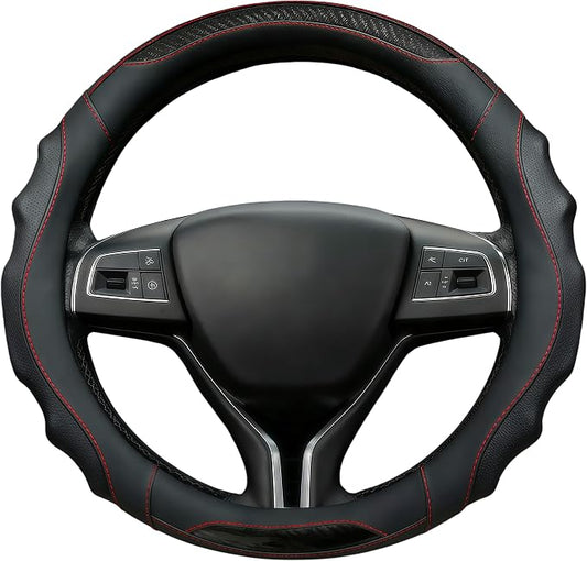 Leather Car Steering Wheel Cover, 14.5-15Inch Anti-Slip Steering Wheel Cover, Universal for Cars Truck SUV, Car Accessories (Black - red line)
