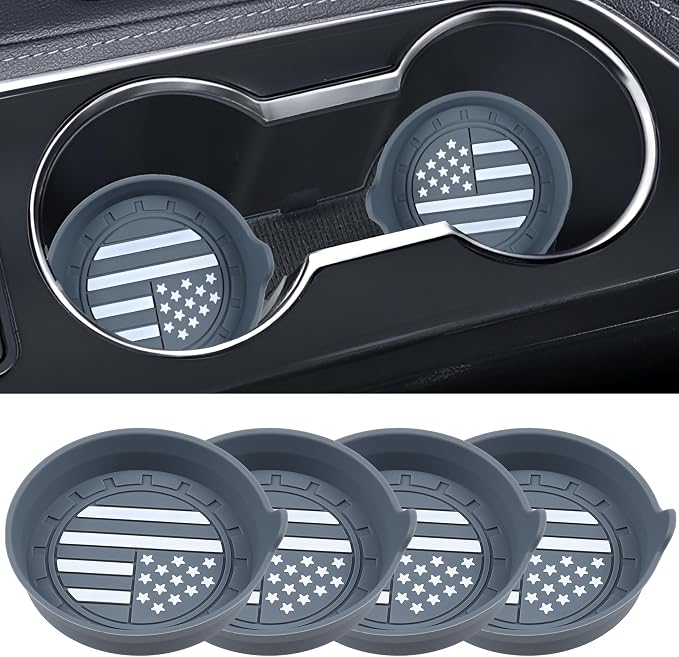 Amooca Car Cup Coaster Universal Non-Slip Silicone Cup Holder Insert Car Interior Accessories for Drink American Flag US Flag 4 Pack Grey