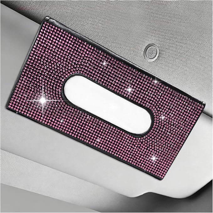 Bling Car Sun Visor Tissue Box Holder, Sparkling Auto Sun Visor Napkin Box Mask Holder, PU Leather Glitter Rhinestone Backseat Paper Towel Case for Cars Trucks SUVs (Pink)