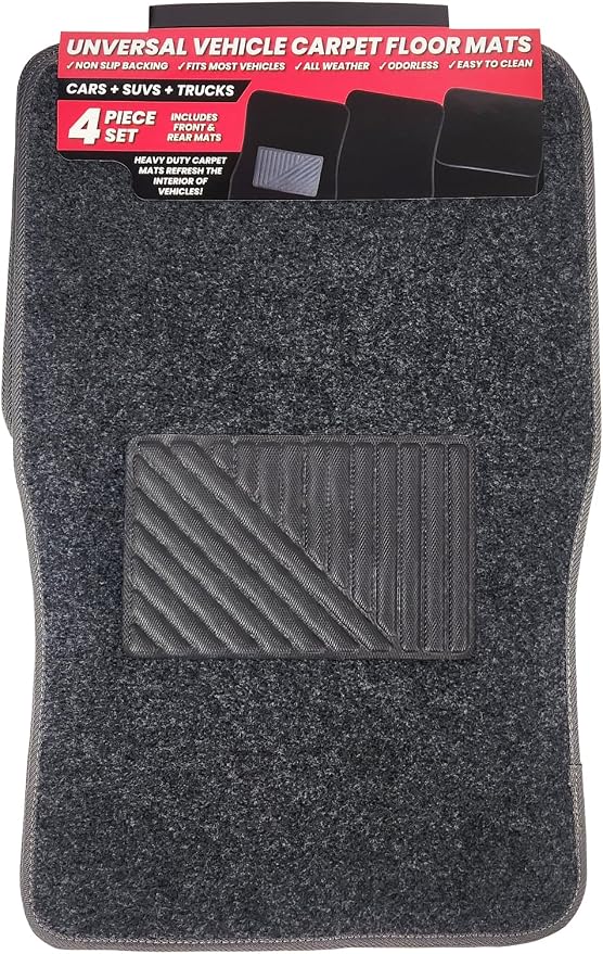 Premium 4-Piece Carpet Car Floor Mats Set with Heel Pad - Universal Fit for for Cars, Trucks & SUVS (Charcoal Gray)