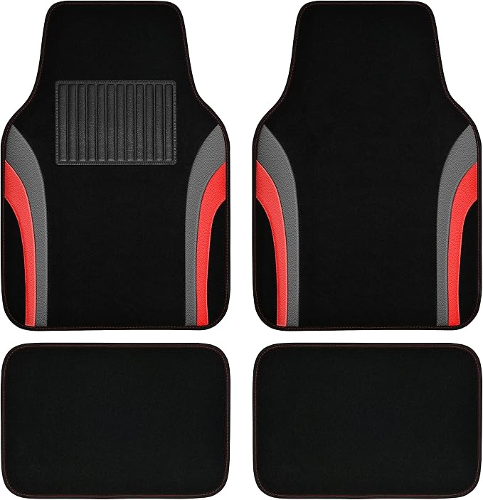 CAR PASS Leather Sporty Car Floor Mats Carpet, Universal Waterproof Automotive Floor Mat Fit for Sedans, Cars, Mid Trucks, Vans, SUV, Set of 4 (Black and Red)