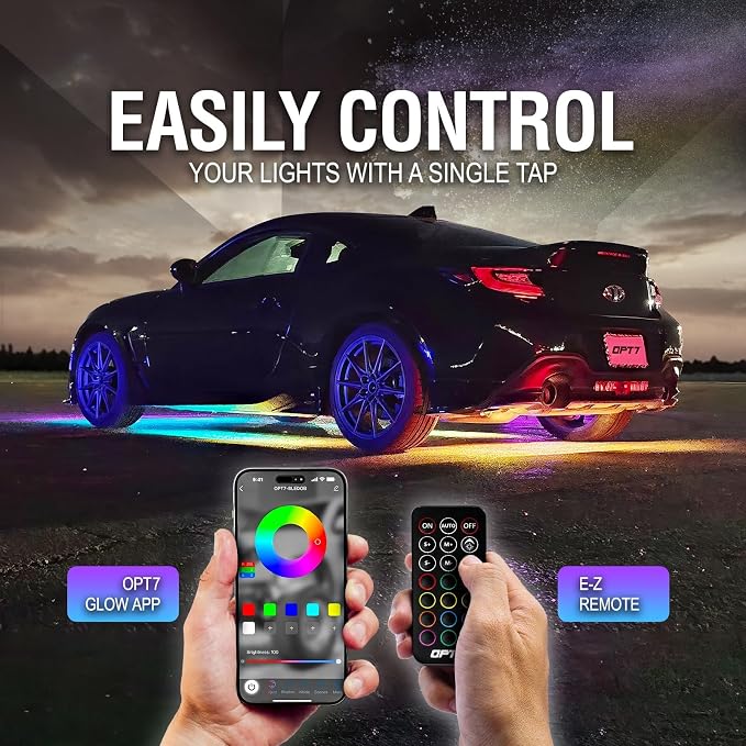 OPT7 Aura DreamColor Underglow Chasing Lights for Car with APP & Remote | Waterproof Aluminum Frame, RGB-IC LED Bar, Rainbow Ground Effects, Exterior Neon Accent Lighting, Music Sync Decor, 12V
