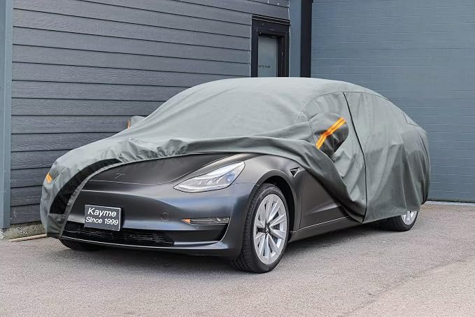 Kayme Heavy Duty Car Cover Waterproof All Weather, Custom Fit for Tesla Model 3, Outdoor Full Exterior Cover with Charging Port and Breathable Ventilation Mesh, Sun and Rain Protection.