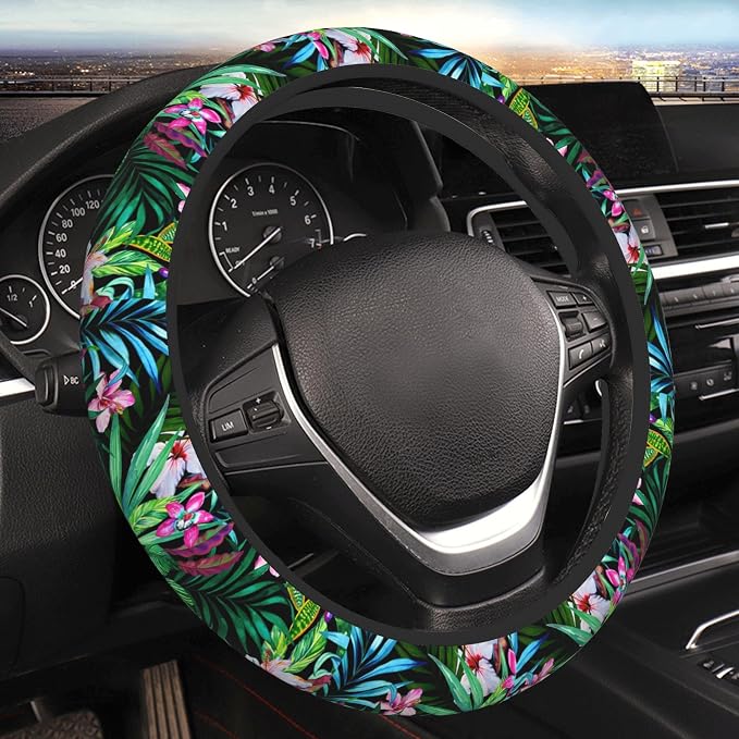 Tropical Car Steering Wheel Cover for Women Frangipani Hibiscus Palms 14-15 Inch Stretch Cloth Anti-Slip Wrap Protector Case Fit Universal Auto Accessories Decor Sweat Absorption (No Tools Needed)