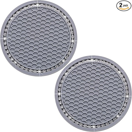 2PCS Bling Cup Holder Coaster, 2.75 Inch Auto Car Cup Holder Insert Coasters, Soft Silicone Anti-Slip Shockproof, Universal Vehicle Interior Accessories for Women Girls (Gray & White)