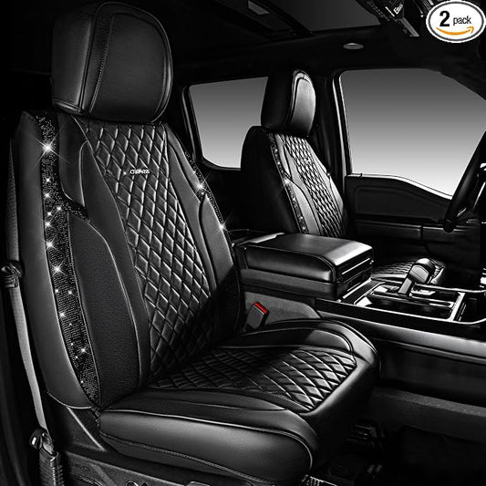 CAR PASS Nappa Leather Seat Covers Front,Black Diamond Bling Car Seat Covers Front Seats Luxury Padded Waterproof,Universal Fit for Cars SUVs,Trucks,Anti-Slip,Glitter Sparkly Shining Black Rhinestone