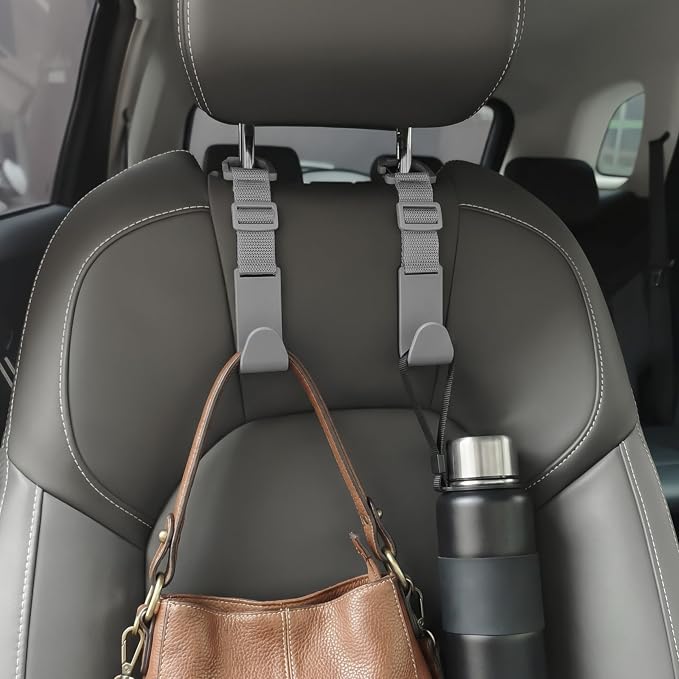 Amooca Car Headrest Hooks 4 Pack Adjustable Universal Fit Auto Seat Back Organizer Storage Hanger Purse Bags Holder with Clip Gray