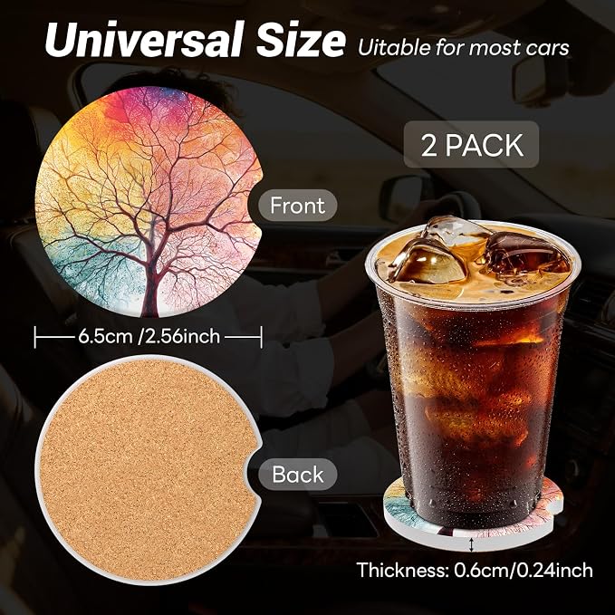 2 Pack Ceramic Car Coasters for Cup Holder, 2.56 in Anti Slip Absorbent Coaster with Cork Base and Finger Notch, Funny Cute Car Accessories for Women, Colorful Tree