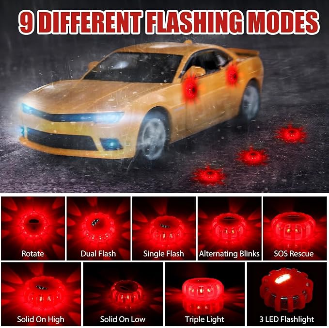 Tallew 4 Pack LED Road Flares Emergency Light Kit 9 Glow Modes Flashing Safety Warning Beacon Magnet Hook Vehicle Boat Truck Disc Magnetic Flash Cars Security Driveway Automotive Strobe(Red)