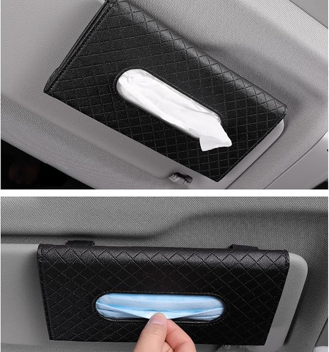 Car Tissue Refill Holder, Tissue Holder for Car, Black PU Leather Car Sun Visor Tissue Paper Storage Box Holder Cases, Hanging Tissue Clip, Car Napkin Holder