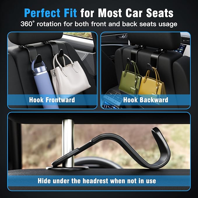 Amooca 4-Pack Car Headrest Hooks –Holds 55lbs Vehicle Storage Organizer for Purses Handbags Groceries Backpack Coats 360° Rotating Black