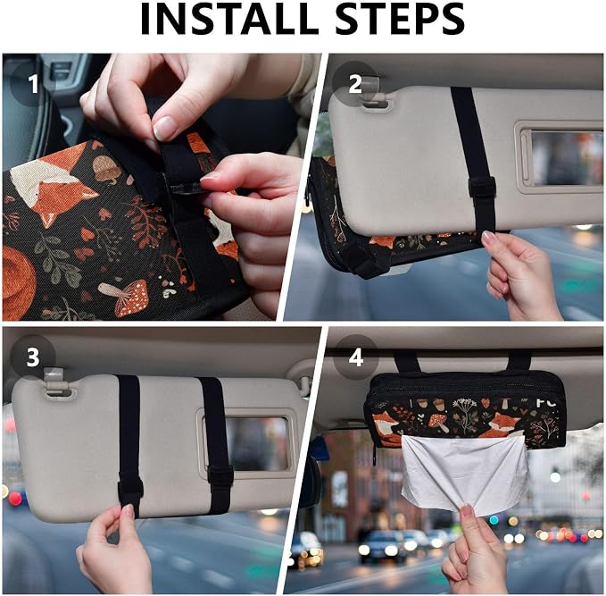Foxes Mushrooms Black Car Tissue Holder Durable Napkin Holder Hanging Tissue Holders Case Car Tissues Bag for Sun Visor Seat Back Universal Auto