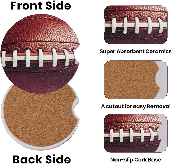 2 Pack Football Car Coasters for Men Women Car Cup Holder Coasters, 2.63 Inch Anti Slip Ceramic Absorbent Coaster with Cork Base and Finger Notch, Funny Car Accessories Interior