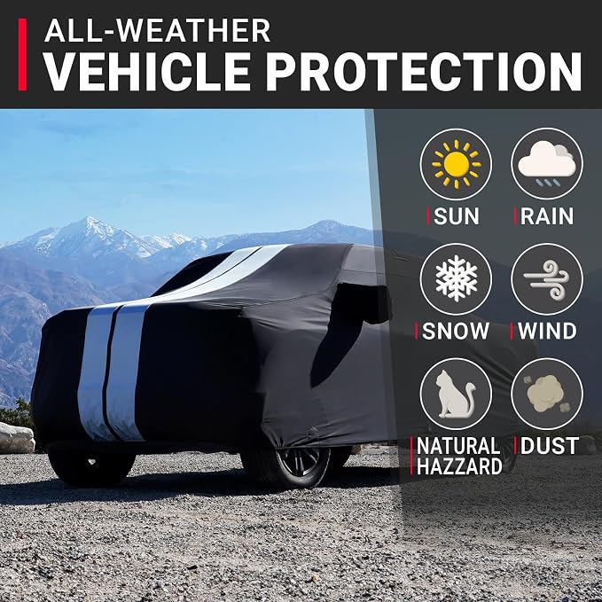 iCarCover Premium Plus Truck Cover Waterproof All Weather Car Covers, Rain Snow UV Sun Protection, Dakota, Frontier, Tacoma, Canyon, Colorado, R1T, Size T83 (See Size Chart) Stripe - Black/Gray