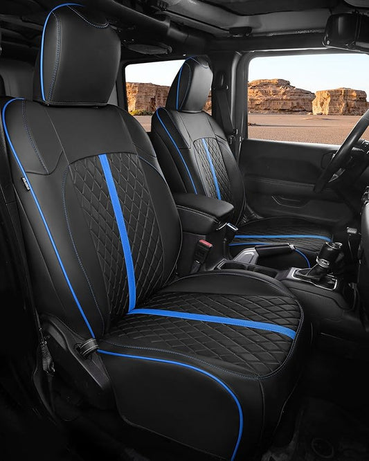 for Jeep Wrangler Seat Covers 4Door JL 2018 2019 2020 2021 2022 2023 2024 2025 2026, Custom Car Seat Cover Full Set, Luxury Waterproof Leather Protectors, Black Blue Trim, W/O Rear Cup Holder