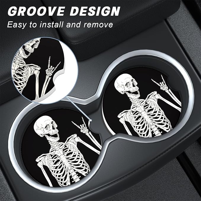 Aiawoxc Car Cup Holder Coasters, 2 Pack Universal Auto Anti Slip Insert Coaster with A Finger Notch, Cup Mat for Most Car Interior, Skull