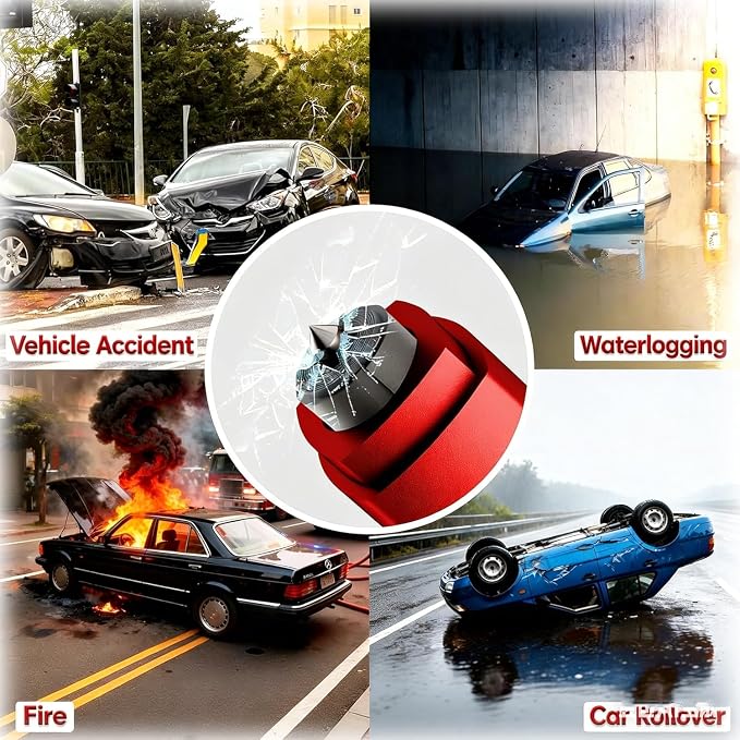 Window Breaker Seatbelt Cutter, 2-in-1 Car Glass Window Breaker Tool, Safety Hammer with Test Glass, Spring Loaded Emergency Escape Hammer for Sinking Cars, Flood Rescue 4PCS (Red & Grey)