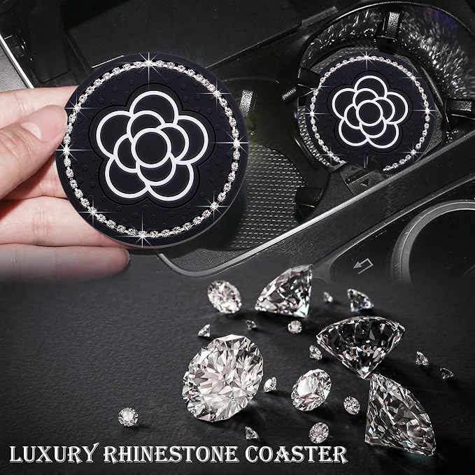 Bling Cup Coaster for Car – 2-Pack 2.75 Inch Silicone Holder Insert, Universal Fit, Anti-Slip & Durable, Decorative Car Accessories (Black Flower)