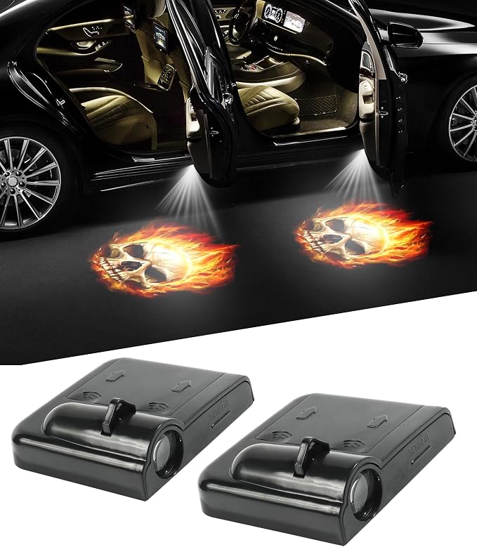 bylikeho 2Pcs Car Door Lights,Door Lights Logo Projector,Car Accessories HD Car Welcome Light,Door Sill Lights Wireless LED Door Paste Courtesy Light,Car Door Lights Logo (Fire Skull)