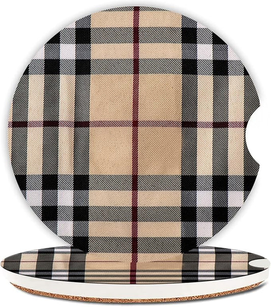 Car Coasters for Cup Holders, Car Cup Holder Coaster, Cute Car Accessories for Women Interior, 2PCS Cup Holder Coasters for Car, Anti Slip Rubber Cup Mat with A Finger Notch(Beige Plaid)