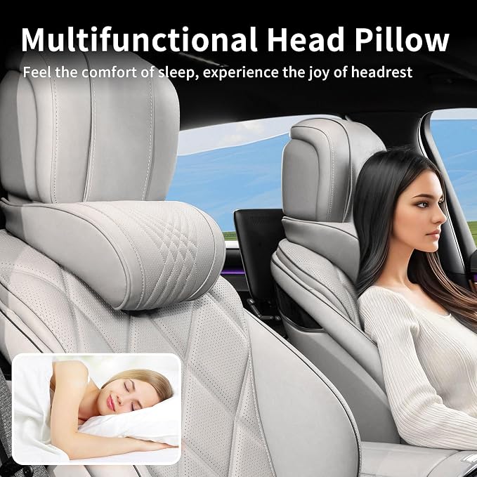 Car Headrest Memory Foam Neck Pillow for Driving with Leather Cover Soft Comfortable Seat Head Pillow Cushion for Most Cars SUV Sedan Home Office Off-White (Beige) (1PC)