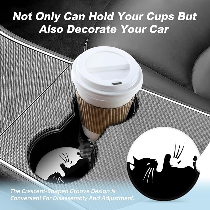 White and Black Cat Car Coasters for Cup Holders,2 Pack Car Cup Holder Coasters for Car,Ceramic Absorbent Car Coaster with A Finger Notch and Cork Base,Car Interior Accessories for Women Men