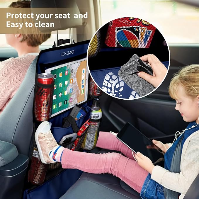 LUCMO Car Backseat Organizer with Touch Screen Tablet Holder,Dark Blue | 2 Pcs,9 Storage Pockets,Clear Tablet Holder,Protectors Kick Mats,Travel Accessories,Seat Cover,Road Trip Essentials