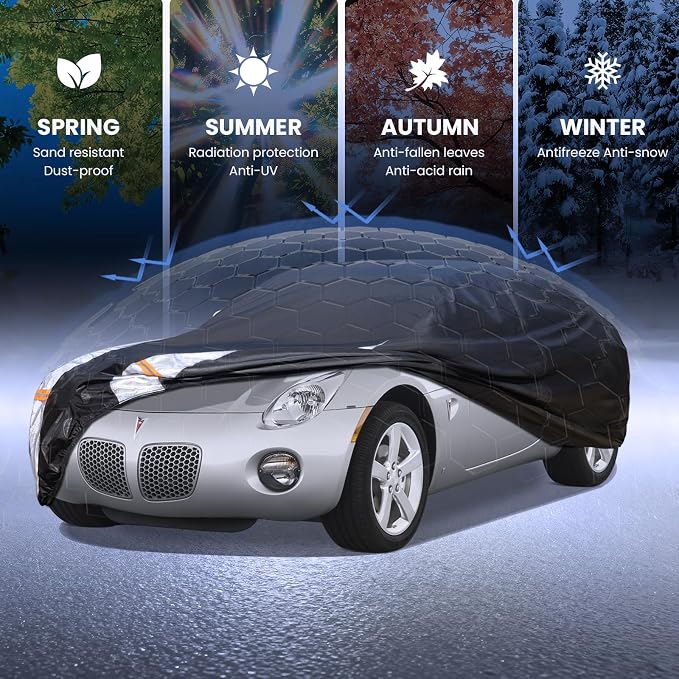 Multi-Layer Car Cover Custom Fit for Pontiac Solstice(2005-2009), 100% Waterproof All Weather for Automobiles, Gift with Towel, Heavy Duty Car Covers for Rain Sun UV Protection with Door Zipper
