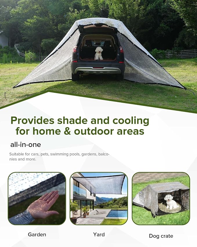 FoundGo 85% Aluminum Shade Cloth,13'x20'Car/Dog Sun Reflective Aluminet tarp,Silver Reflective Sun Shade Net Cover with Grommets,Breathable,Sun/UV/Heat Blocking for Camping,RVs,with Accessories