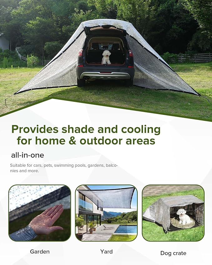 FoundGo 85% Aluminum Shade Cloth, 10'x12'Car/Dog Sun Reflective Aluminet tarp,Silver Reflective Sun Shade Net Cover with Grommets,Breathable,Sun/UV/Heat Blocking for Camping,RVs,with Accessories
