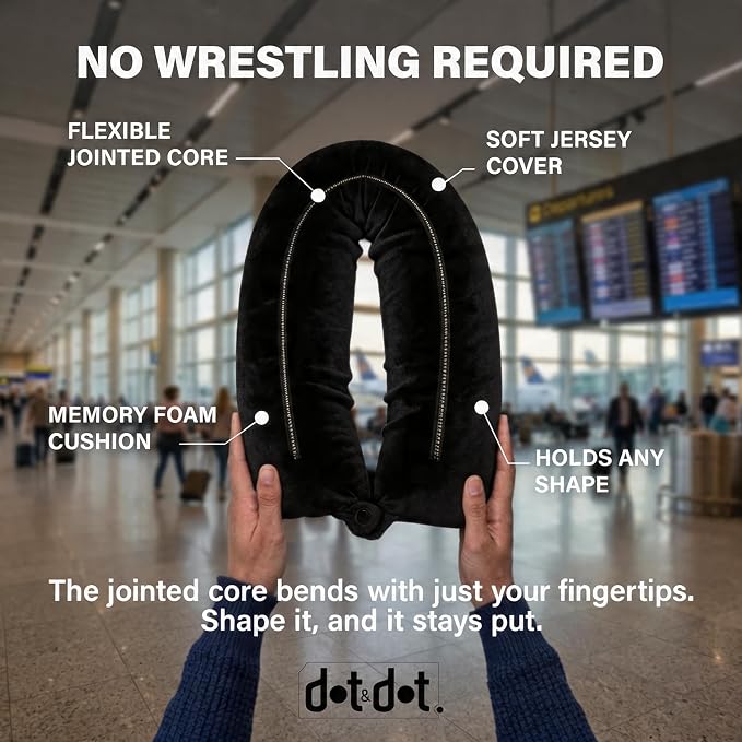 Dot&Dot Twist Memory Foam Travel Pillow, Bendable Neck Pillow for Airplane, Car and Home, 26-Inch Adjustable Roll with Washable Cotton Cover, Black