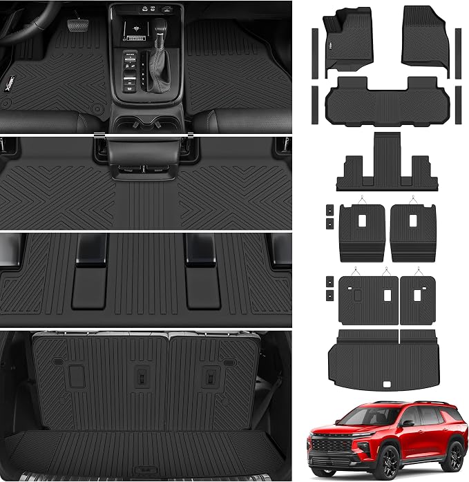 Floor Mats & Trunk Mat & Backrest Mat for 2024-2026 Chevy Traverse 7 Seats | All Weather TPE Rubber Cargo Liner and 2nd & 3rd Row Backrest Mat Door Sill Guards for Chevrolet Traverse 2026 Accessories