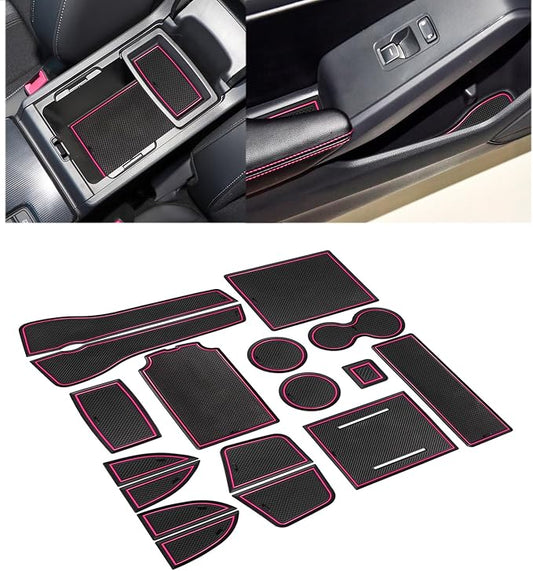 for Honda Civic Accessories 2022 2023 2024 2025 2026 11th Gen Sedan Cup Holder Insert Center Console Liner Door Slot Mats Pad Coaster Trim Premium Rubber Custom Interior 17PC Set (Pink Trim)
