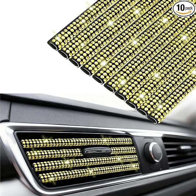NBTEPEM Bling Car Air Conditioner Decoration Strip for Vent Outlet, 10 PCS Universal Rhinestone Car Vent Outlet Trim Decorations, Bling Interior Accessories for Women and Girls (Yellow)