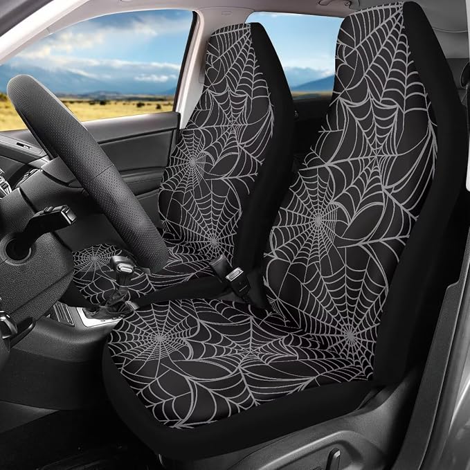 Spider Web Front Seat Covers Set of 2, Soft Stretch Polyester Car Seat Protectors for Front Seats, Universal Fit for Most Cars, SUVs and Sedans