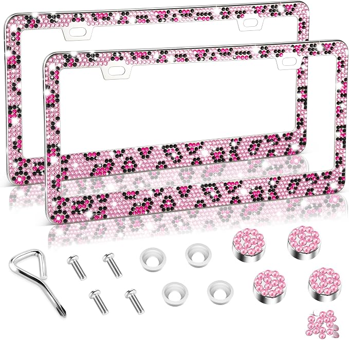 Amiss Bling License Plate Frame for Women, 2Pack Rhinestone Handcrafted Crystal Premium Stainless Steel, Stainless Steel Car Decorative Accessories with Diamond Sparkle Glitter Caps