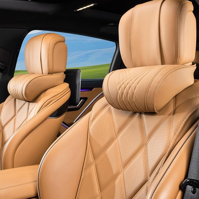 Car Headrest Memory Foam Neck Pillow for Driving with Leather Cover Soft Comfortable Seat Head Pillow Cushion for Most Cars SUV Sedan Home Office Palomino Brown (2PC)