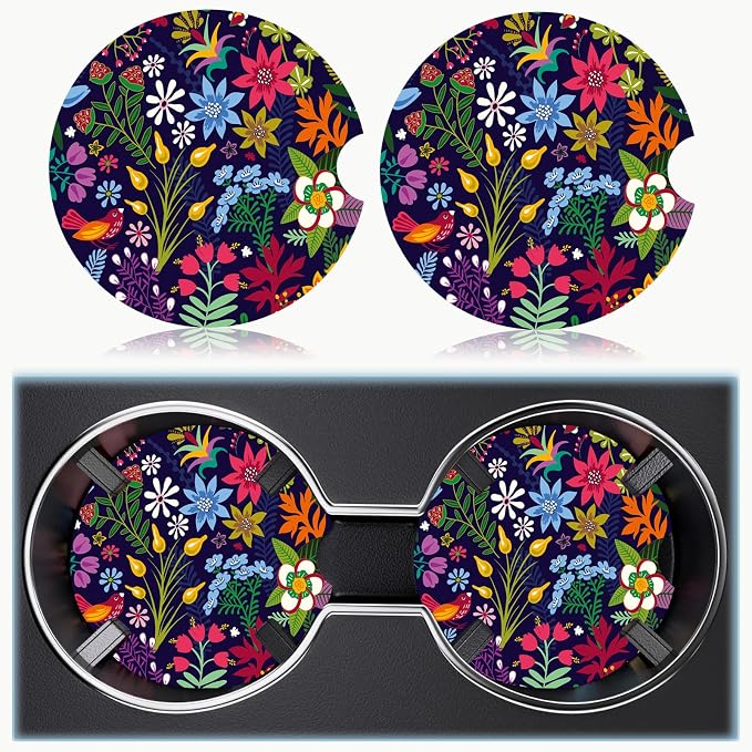 Car Cup Holder Coaster Set of 2, 2.56 in Ceramic Coasters, Scratch-Resistant Cork Backing, Finger Groove Design for Easy Placement, Cute Car Accessories Interior for Women (Tropical Flowers)