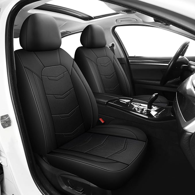 HChengkikz Front Car Seat Cover, Breathable and Sporty (Black) | Leather, Universal Fit for Most SUVs, Cars, Sedans, Trucks, Airbag Compatible, Easy to Install