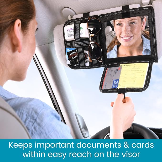 Visor Organizer with Mirror and Hidden Registration and Insurance Pocket | High Road Car and Truck Visor Organizer with Covered Mirror, Document Pockets and Grip Band Storage Panel
